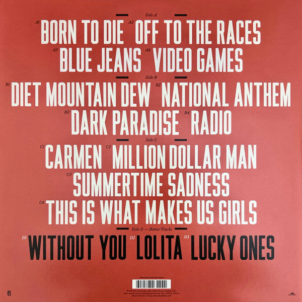 Image of Back Cover of LP - VG/VG+ - LANA DEL REY, Born To Die (Polydor; 2793424, USA, Canada & Europe 2016 Reissue, Red Text, Deluxe Edition With Three Bonus Tracks), Minor Scuffs On Sleeve,  - 3726347E