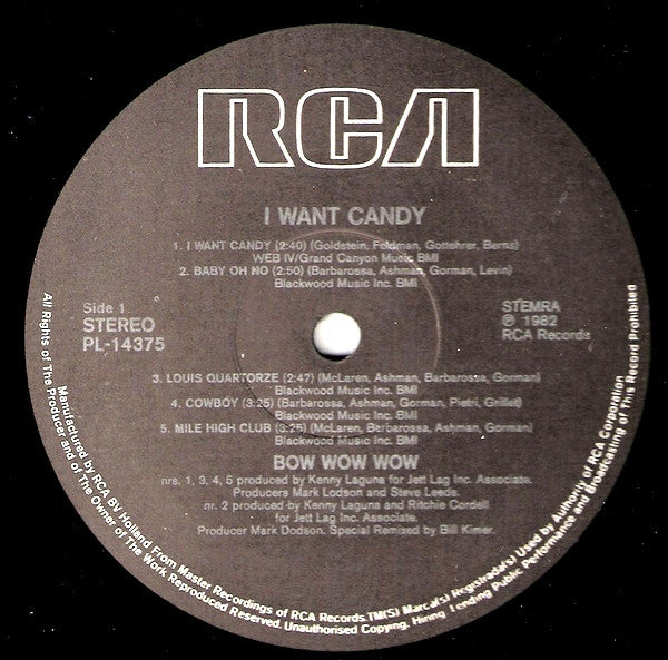 Image of Label Cover of LP - VG/VG - BOW WOW WOW, I Want Candy (RCA; APL1-4375, Netherlands 1982), ,  - 3716216C