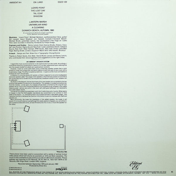 Image of Back Cover of LP - VG+/VG - BRIAN ENO, Ambient 4 (On Land) (Editions EG; EGED 120, Canada 1982), Strong VG, Just a couple of wispy hairlines, Glossy disc, Clean sleeve,  - 3716206C
