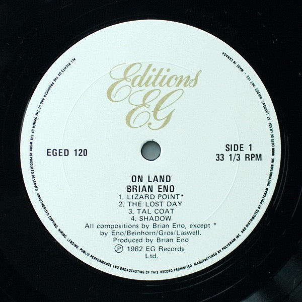 Image of Label Cover of LP - VG+/VG - BRIAN ENO, Ambient 4 (On Land) (Editions EG; EGED 120, Canada 1982), Strong VG, Just a couple of wispy hairlines, Glossy disc, Clean sleeve,  - 3716206C