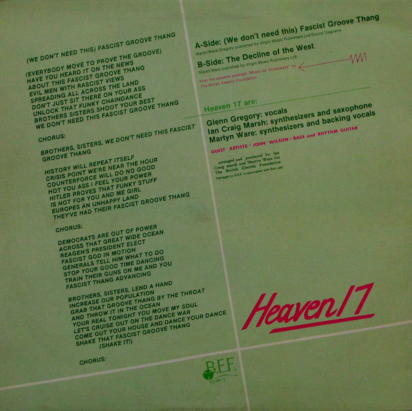 Image of Back Cover of 12" - VG/VG+ - HEAVEN 17, (We Don't Need This) Fascist Groove Thang (Virgin; VS 400-12, UK 1981, Picture Sleeve, "Bilbo" Runouts Both Sides), Small stain to bottom left corner.,  - 3716217C