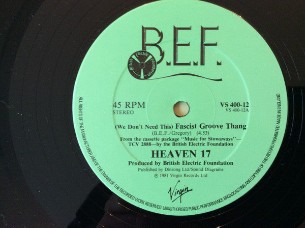 Image of Label Cover of 12" - VG/VG+ - HEAVEN 17, (We Don't Need This) Fascist Groove Thang (Virgin; VS 400-12, UK 1981, Picture Sleeve, "Bilbo" Runouts Both Sides), Small stain to bottom left corner.,  - 3716217C
