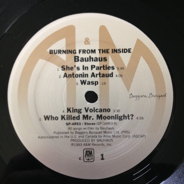 Image of Label Cover of LP - VG/VG+ - BAUHAUS, Burning From The Inside (A&M Records; SP-4953, US 1983, Inner, Monarch Pressing), Sleeve creases and ring wear, Promo stamped rear,  - 3716370C