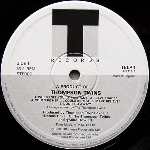 Image of Label Cover of LP - VG/VG - THOMPSON TWINS, A Product Of... (T Records; TELP 1, UK 1981), ,  - 3716271C