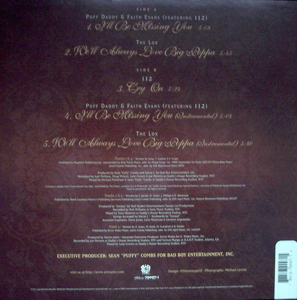 Image of Back Cover of 12" - G+/VG - PUFF DADDY & FAITH EVANS / 112 / THE LOX, Tribute To The Notorious B.I.G. (Bad Boy Entertainment; 78612-79097-1, US 1997), Hairlines. Ringwear on sleeve. Small tear on back.,  - 3726392E
