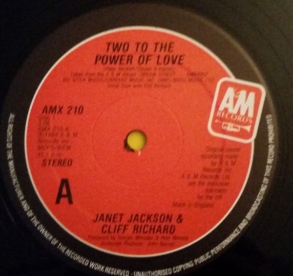 Image of Label Cover of 12" - VG/VG - JANET JACKSON & CLIFF RICHARD, Two To The Power Of Love (A&M Records; AMX 210, UK 1984), Hairlines. Ringwear on sleeve,  - 3726397E