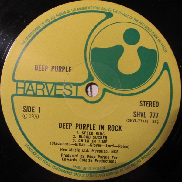 Image of Label Cover of LP - VG/G+ - DEEP PURPLE, Deep Purple In Rock (Harvest Green & Yellow Labels With Made In Gt. Britain But Without EMI Box ; SHVL 777, UK 1970, Laminated Gatefold G&L Sleeve), Hairline marks. ,  - 3716373C