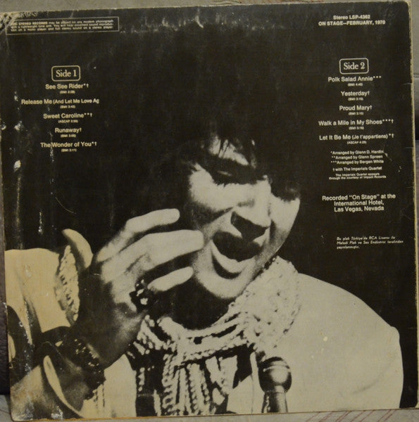 Image of Back Cover of LP - VG/VG - ELVIS PRESLEY, On Stage - February, 1970 (RCA Victor; LSP-4362, Turkey Reissue), Hairlines. Creasing, light ring and edge wear.,  - 3726375E