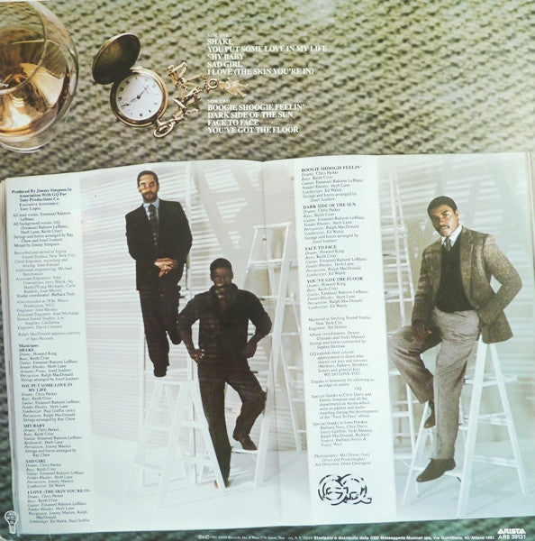 Image of Back Cover of LP - VG/VG+ - GQ, Face To Face (Arista; ARS 39131, Italy 1981), Sleeve has shrink-wrap with rips in plastic, light mottling / staining underneath; bumped corner,  - 3716401C