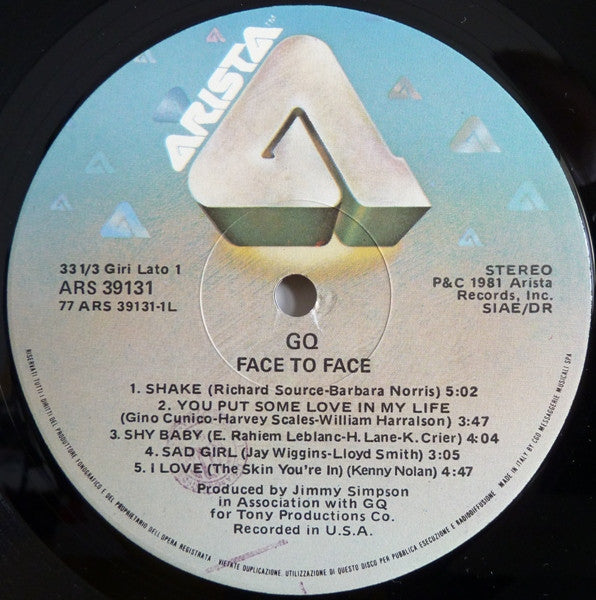 Image of Label Cover of LP - VG/VG+ - GQ, Face To Face (Arista; ARS 39131, Italy 1981), Sleeve has shrink-wrap with rips in plastic, light mottling / staining underneath; bumped corner,  - 3716401C