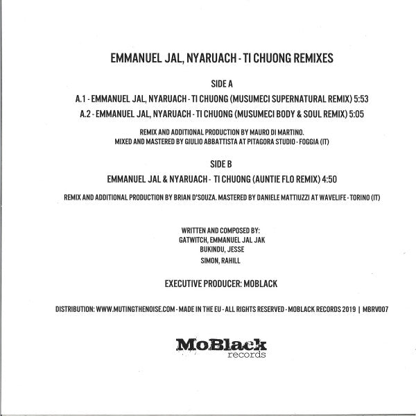 Image of Back Cover of 12" - /G+ - EMMANUEL JAL, NYARUACH, Ti Chuong Remixes (MoBlack Records; MBRV007, Italy 2019, Plain Sleeve), Strong G+., A1 Ti Chuong (Musumeci Supernatural Remix)A2 Ti Chuong (Musumeci Body & Soul Remix)B Ti Chuong (Auntie Flo Remix) - 3726372E