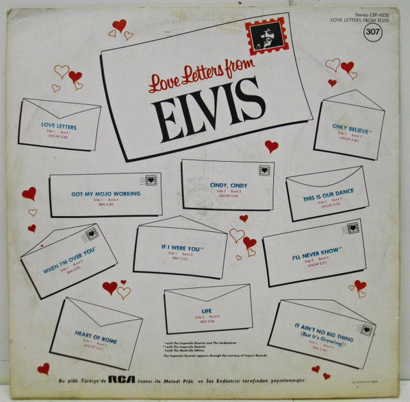 Image of Back Cover of LP - VG/VG - ELVIS PRESLEY, Love Letters From Elvis (RCA Victor; LSP-4530, Turkey 1971), Strong VG. Hairlines, small pressing defect on B4. Ring wear, light staining.,  - 3726376E