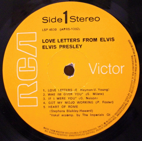 Image of Label Cover of LP - VG/VG - ELVIS PRESLEY, Love Letters From Elvis (RCA Victor; LSP-4530, Turkey 1971), Strong VG. Hairlines, small pressing defect on B4. Ring wear, light staining.,  - 3726376E