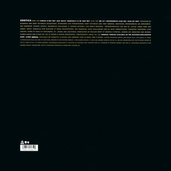 Image of Back Cover of 12" EP - VG/G+ - MADONNA, Erotica (Maverick; 9 40585-0, US 1992, remixes by William Orbit,  Kenny Dope Gonzalez & Louie Vega), Hairlines, couple of long light scratches on side2, sprial drawn on side1 label, edge & ring wear,  - 3746386S