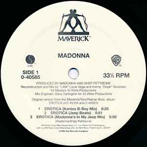 Image of Label Cover of 12" EP - VG/G+ - MADONNA, Erotica (Maverick; 9 40585-0, US 1992, remixes by William Orbit,  Kenny Dope Gonzalez & Louie Vega), Hairlines, couple of long light scratches on side2, sprial drawn on side1 label, edge & ring wear,  - 3746386S