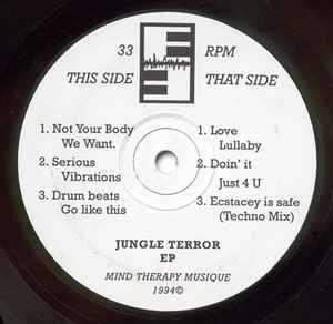 Image of Front Cover of 12" - /G - MIND THERAPY MUSIQUE, Jungle Terror EP (E3 Recordings; E3-001, UK 1994), Lots of marks on either side, with significant crackle, especially on Love Lullaby.,  - 3746454S