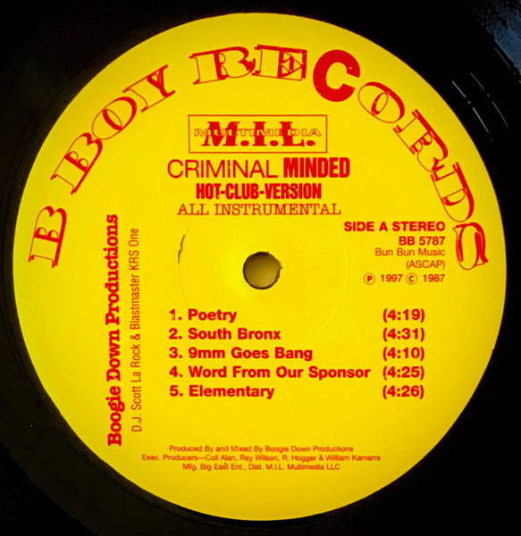 Image of Label Cover of LP - VG+/VG+ - BOOGIE DOWN PRODUCTIONS, Criminal Minded (Hot-Club-Version) (All Instrumental) (B-Boy Records; BB 5787, US 1997), ,  - 3726411E