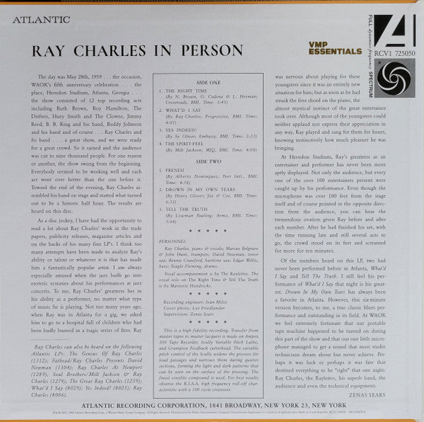 Image of Back Cover of LP - EX/EX - RAY CHARLES, Ray Charles In Person (Atlantic; RCV1 725050, US 2023, Insert & Booklet, Mono, With Obi, Blue Vinyl), ,  - 3746439S