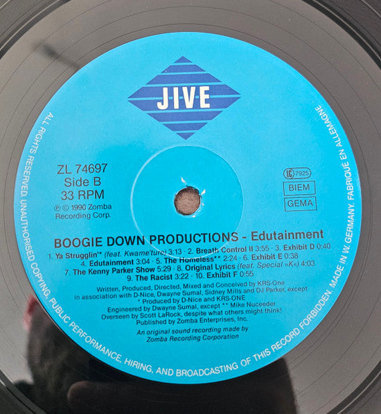 Image of Label Cover of LP - VG/VG - BOOGIE DOWN PRODUCTIONS, Edutainment (Jive; HIP 100, Europe 1999, Limited Edition), ,  - 3726414E