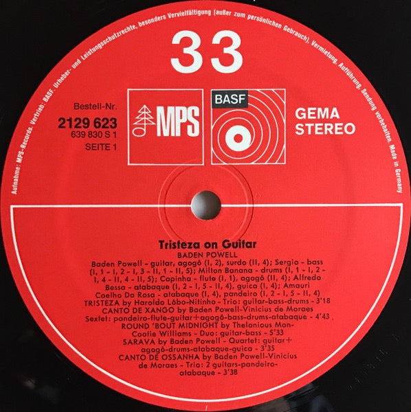 Image of Label Cover of LP - VG/VG+ - BADEN POWELL, Tristeza On Guitar (MPS Records; 21 29623-7, Germany Reissue, Laminated Gatefold Sleeve), ,  - 3716430C