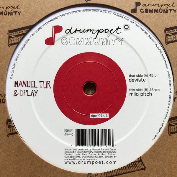 Image of Back Cover of 12" - VG/G+ - MANUEL TUR & DPLAY, Deviate (Drumpoet Community; dpc_014-1, Switzerland 2008, Die Cut Company Sleeve), Lots of light marks and hairlines.,  - 3716423C