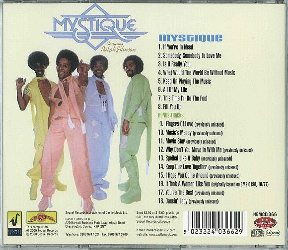 Image of Back Cover of CD - VG+/VG+ - MYSTIQUE FEATURING RALPH JOHNSON, Mystique (Sequel Records; NEMCD 366, UK 2000 Reissue, Jewel Case), ,  - 3716455C