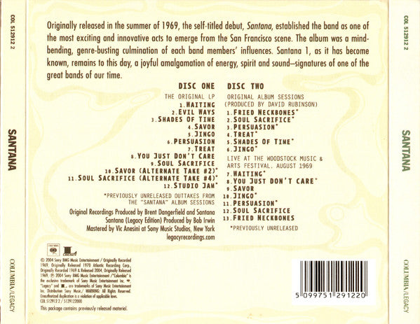 Image of Back Cover of 2xCD - VG+/VG+ - SANTANA, Santana (Columbia; COL 512912 2, Europe 2004, Slipcase), ,  - 3736145E