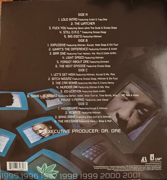 Image of Back Cover of 2xLP - VG/VG - DR. DRE, 2001 (Aftermath Entertainment; 00602577656897, Europe 2019 Reissue, Insert, 180 Gram Back Uncensored version.), Creased sleeve. Light hairlines. , Available again on double vinyl and also as the Explicit Version. 2001 is the second studio album by Dr. Dre. It was released on November 16, 1999, by Interscope Records as the follow-up to his 1992 debut album The Chronic. The record was produced primarily by Dr. Dre and Mel-Man, as well as Lord Finesse, and feature