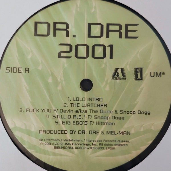 Image of Label Cover of 2xLP - VG/VG - DR. DRE, 2001 (Aftermath Entertainment; 00602577656897, Europe 2019 Reissue, Insert, 180 Gram Back Uncensored version.), Creased sleeve. Light hairlines. , Available again on double vinyl and also as the Explicit Version. 2001 is the second studio album by Dr. Dre. It was released on November 16, 1999, by Interscope Records as the follow-up to his 1992 debut album The Chronic. The record was produced primarily by Dr. Dre and Mel-Man, as well as Lord Finesse, and featur