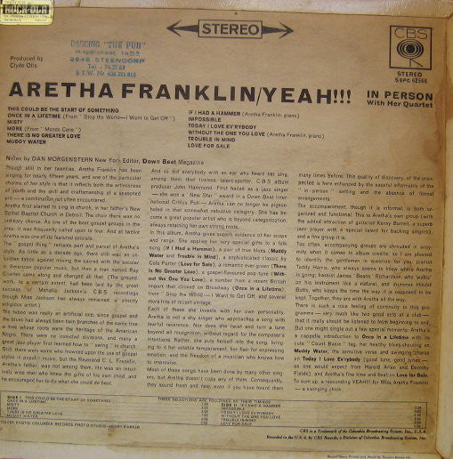 Image of Back Cover of LP - VG/VG - ARETHA FRANKLIN, Yeah!!! (CBS Orange (33 On Label); Sbpg 62566, UK 1965, Company Inner), ,  - 3726421E