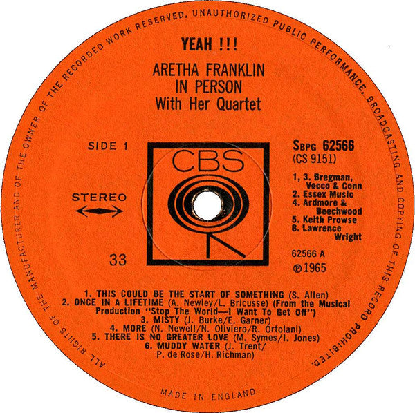 Image of Label Cover of LP - VG/VG - ARETHA FRANKLIN, Yeah!!! (CBS Orange (33 On Label); Sbpg 62566, UK 1965, Company Inner), ,  - 3726421E