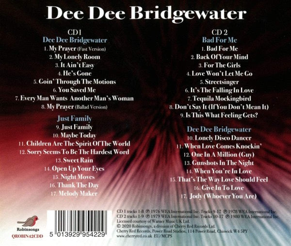 Image of Back Cover of 2xCD - VG+/VG+ - DEE DEE BRIDGEWATER, Dee Dee Bridgewater / Just Family / Bad For Me / Dee Dee Bridgewater (Robinsongs; QROBIN42CDD, UK 2020, Double CD Case), ,  - 3816001C