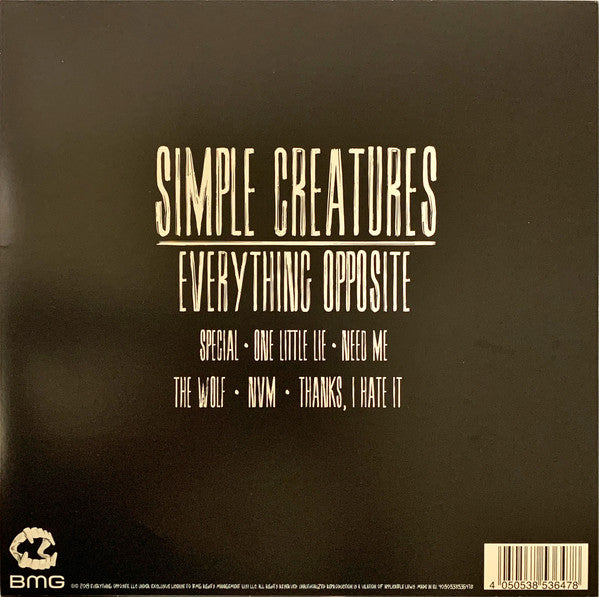 Image of Back Cover of LP - VG+/VG - SIMPLE CREATURES, Everything Opposite (BMG; 538536471, UK, Europe & US 2019, Embossed Sleeve, Inner, Limited Edition, Black & White vinyl), Light hairlines.,  - 3726426E