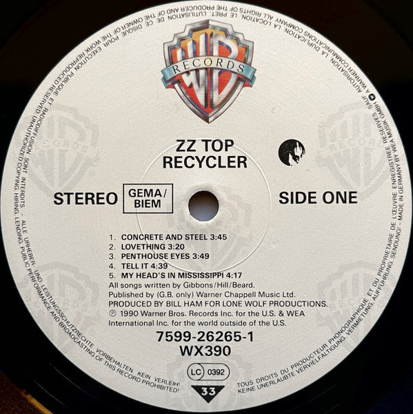 Image of Label Cover of LP - G+/VG - ZZ TOP, Recycler (Warner Bros. Records; 7599-26265-1, UK & Europe 1990, Inner), Sleeve has edgewear and many creases. Record has light hairlines. ,  - 3726429E