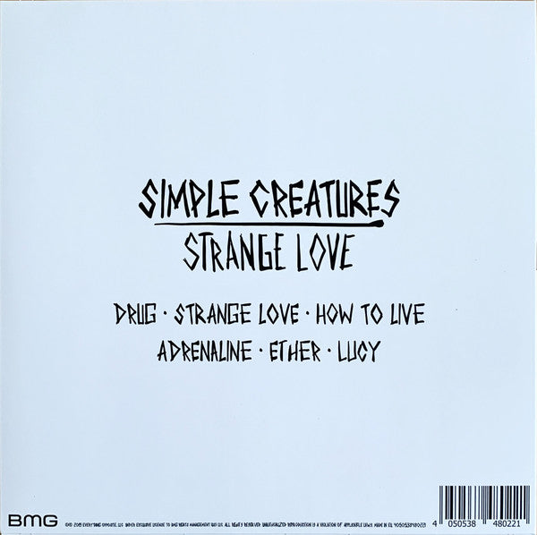 Image of Back Cover of LP - VG+/VG+ - SIMPLE CREATURES, Strange Love (BMG; 538480221, UK 2019, Embossed Sleeve, Inner, White w/ Black Splatter Vinyl), ,  - 3726380E
