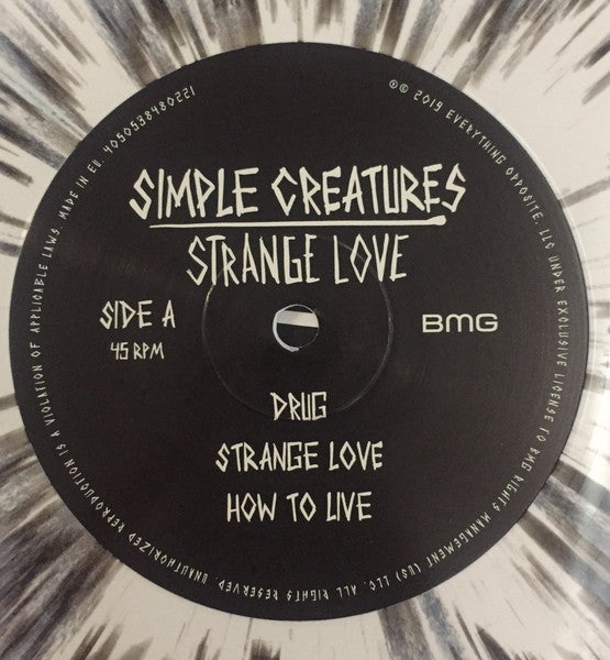 Image of Label Cover of LP - VG+/VG+ - SIMPLE CREATURES, Strange Love (BMG; 538480221, UK 2019, Embossed Sleeve, Inner, White w/ Black Splatter Vinyl), ,  - 3726380E