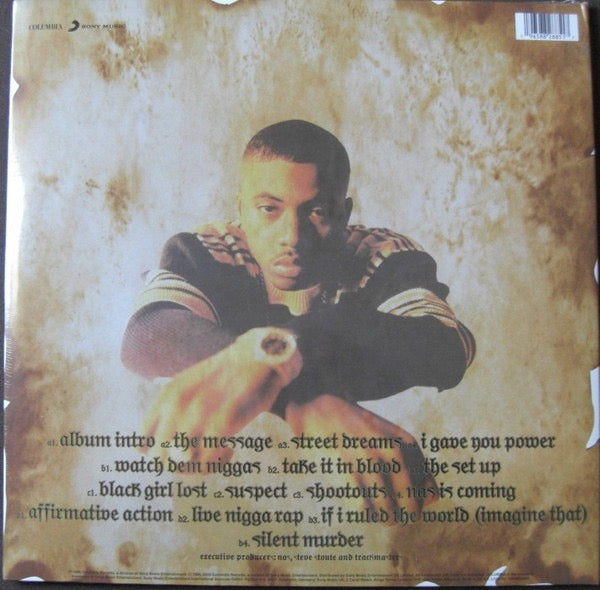 Image of Back Cover of 2xLP - G+/G - NAS, It Was Written (Columbia; 19658828851, Europe 2023 Reissue, Gatefold, No Insert, No Sticker, Gold / Black Marbled Vinyl), Plays well, but with surface noise throughout.,  - 3726447E