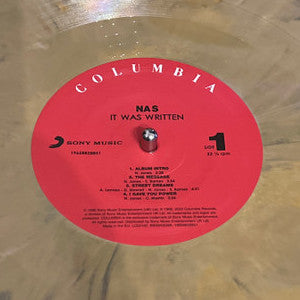 Image of Label Cover of 2xLP - G+/G - NAS, It Was Written (Columbia; 19658828851, Europe 2023 Reissue, Gatefold, No Insert, No Sticker, Gold / Black Marbled Vinyl), Plays well, but with surface noise throughout.,  - 3726447E