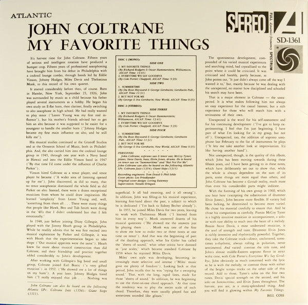 Image of Back Cover of 2xLP - VG+/VG+ - JOHN COLTRANE, My Favorite Things (Atlantic; SD-1361, Worldwide 2022 Reissue, Glossy Sleeve, 2 Inners & Booklet & Insert, Poster, Remaster, Mono 180g Disc and Stereo 180g Disc), Light hairlines from inners storage, plays EX, Sides A & B: MonoSides C & D: Stereo60th Anniversary Deluxe Edition12-page booklet11.5  X 11.5  cover art insertPrinted inner sleevesHype barcode sticker - 3726379E