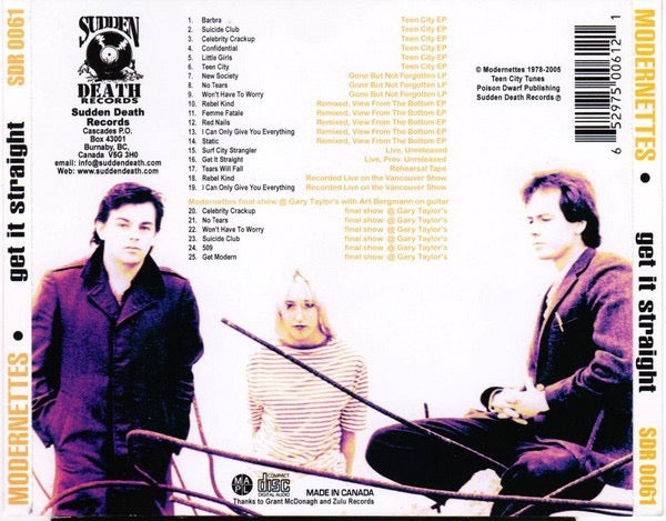 Image of Back Cover of CD - VG+/VG+ - MODERNETTES, Get It Straight (Sudden Death Records; SDR 0061, Canada 2005 Reissue, Jewel Case), ,  - 3816008C