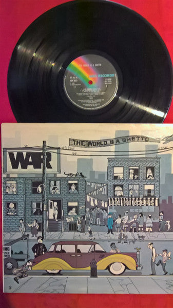 Image of Front Cover of LP - VG/VG+ - WAR, The World Is A Ghetto (MCA Records; MCF 3021, UK 1979 Reissue, Picture Sleeve), Disc has a handful of hairlines but otherwise great. Sleeve has general age and minor sticker damage in top R corner,  - 3826010E