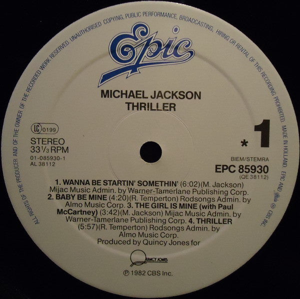 Image of Label Cover of LP - VG/G+ - MICHAEL JACKSON, Thriller (Epic; EPC 85930, Europe 1986 Reissue, Gatefold, Inner, No insert), ,  - 3826027E