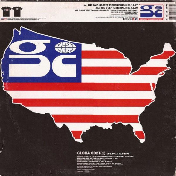 Image of Back Cover of 12" - G+/G+ - GLOBAL COMMUNICATION, The Way / The Deep (Dedicated; GLOBA 002T(1), UK 1996, Picture Sleeve), Lots of marks and hairlines. Plays better than it looks. Sleeve is very battered and frayed with split spine. Marker on label.,  - 3816029C
