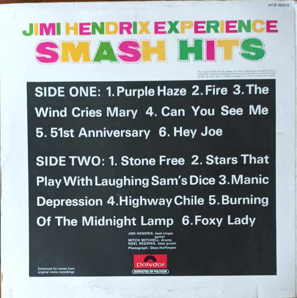 Image of Back Cover of LP - VG/VG - JIMI HENDRIX EXPERIENCE, Smash Hits (Polydor Red Labels With Raised Rim & Mono Written As Last Line Of Text; ACB 00219, UK 1970s Reissue), ,  - 3816078C