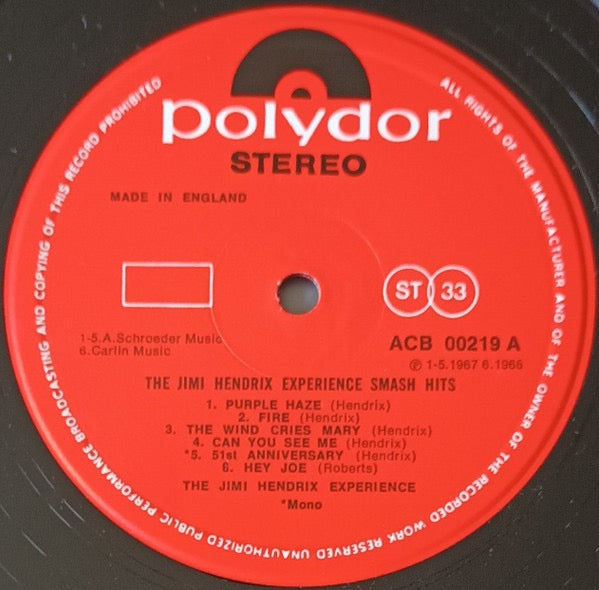Image of Label Cover of LP - VG/VG - JIMI HENDRIX EXPERIENCE, Smash Hits (Polydor Red Labels With Raised Rim & Mono Written As Last Line Of Text; ACB 00219, UK 1970s Reissue), ,  - 3816078C