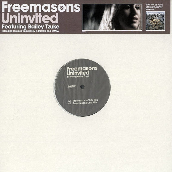 Image of Front Cover of 12" - VG+/VG+ - FREEMASONS FEATURING BAILEY TZUKE, Uninvited (Loaded Records; LOAD118, UK 2007, Stickered Plain Sleeve), ,  - 3846091S