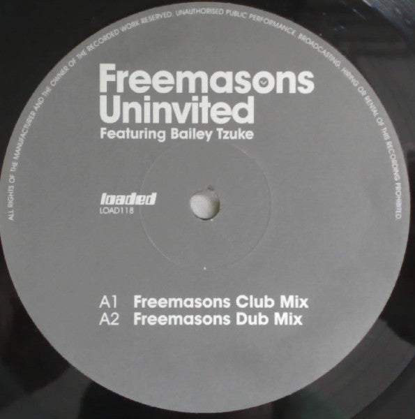 Image of Label Cover of 12" - VG+/VG+ - FREEMASONS FEATURING BAILEY TZUKE, Uninvited (Loaded Records; LOAD118, UK 2007, Stickered Plain Sleeve), ,  - 3846091S