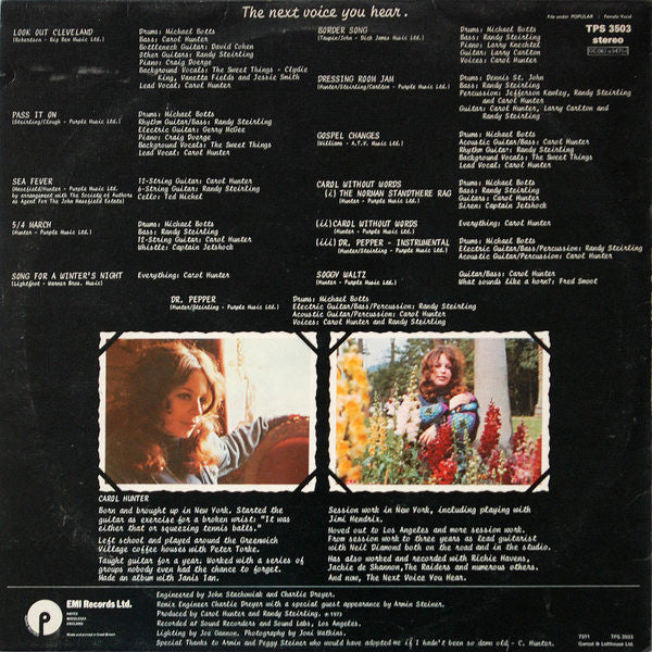Image of Back Cover of LP - VG/VG+ - CAROL HUNTER, The Next Voice You Hear (Purple Records; TPS 3503, UK 1973), Sleeve has edgewear and prominent ringwear.,  - 3826044E