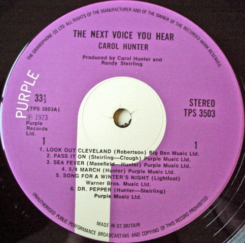 Image of Label Cover of LP - VG/VG+ - CAROL HUNTER, The Next Voice You Hear (Purple Records; TPS 3503, UK 1973), Sleeve has edgewear and prominent ringwear.,  - 3826044E