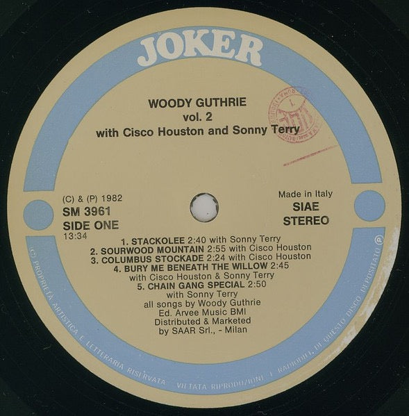 Image of Label Cover of LP - VG/VG - WOODY GUTHRIE WITH CISCO HOUSTON AND SONNY TERRY, Woody Guthrie Vol. 2 (Joker; SM 3961, Italy 1982 Reissue), Hairlines ,  - 3816083C